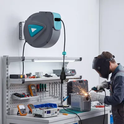 Productafbeelding van YARDIN 20 meter zelfoprollende kabeltrommel met verstelbare eindstop, VDE-stopcontact 230V, eenvoudige wandmontage