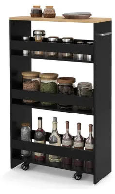 A black four-tier rolling cart filled with various kitchen items like jars of spices, bottles of wine, and other containers.
