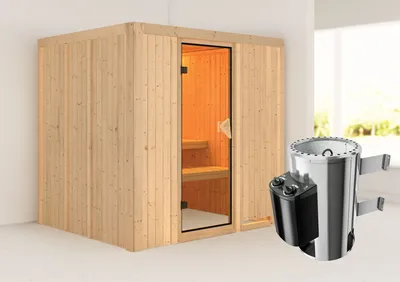 Produktbild von Karibu Sauna Innensauna Daria Fronteinstieg Ofen 3,6 kW intgr. Strg 196x170x198 cm ohne Dachkranz mit Bronzierter Tür