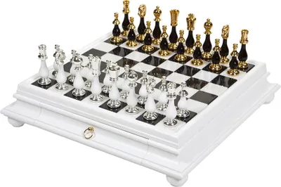 Produktbild von Italienisches Schachbrett Marmor/Holz 46+Schachfiguren Messing/Buche Gold/Silber