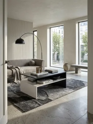 Produktbild von Wohnzimmertisch 90 x 43 x 60 cm mit Ablage Holz Schwarz / Weiß, Design Wohnzimmer Couchtisch zweiteilig mit Stauraum, Sofatisch eckig Kaffeetisch modern, Loungetisch groß & hoch