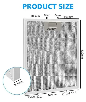 A diagram showing the dimensions of a metal grease filter for a range hood.