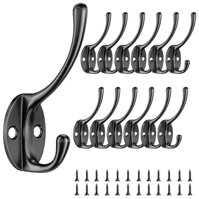 Produktbild von 12 Vintage-Kleiderhaken, Garderobenhaken mit Schrauben, antike Schwanenhalshaken, doppelte Huthaken aus Metall, Kleiderhaken für Kleiderschrank, Schlafzimmer, Büro, Badezimmer (schwarz)