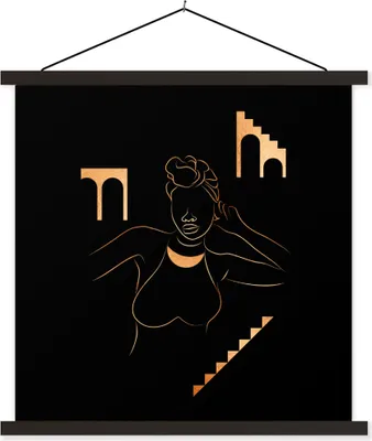 Produktbild von MuchoWow® Textilposter Frau - Gold - Schwarz - Strichzeichnung 60x60 cm mit schwarzem Rahmen - Posteraufhänger