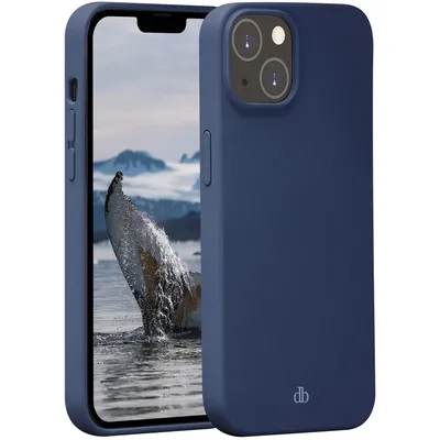 A dark blue phone case is shown on a white background, with a phone inside displaying a whale's tail.