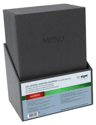 Produktbild von SIGEL SM204 Speisekarten-Mappen 10 Stück inkl. Aufbewahrungsbox, Gummi-Bindung, A4, anthrazit