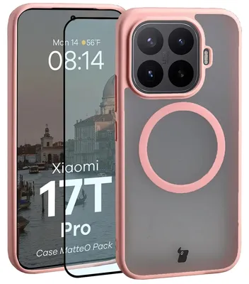 Produktbild von Schutzhülle mit Magnetring + gehärtetem Glas für Xiaomi 17T Pro, Bizon MatteO Pack, Getönt-Hellrosa