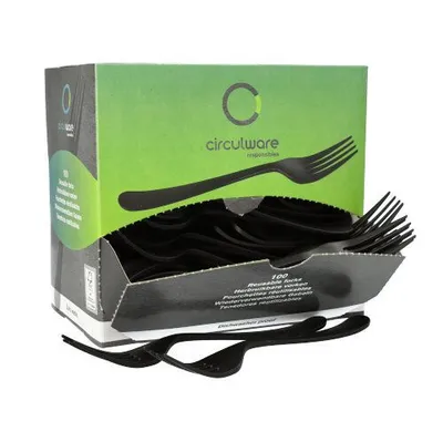 Produktbild von "Circulware" Mehrweg-Gabeln PP-MF 19 cm schwarz "Gaia" extra stabil, in Spenderbox