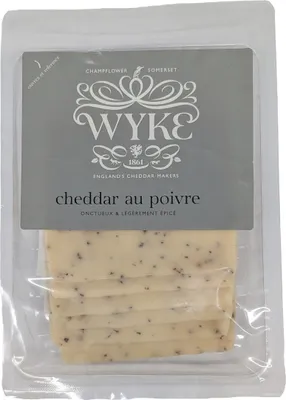 Produktbild von Food-United leicht scharfer CHEDDAR Cheese 160g in Scheiben mit schwarzem Pfeffer Cheddarkäse von WYKE-FARMS der englischer Hartkäse passt zu Burger Sandwiches Wraps Saucen Pizza Pasta