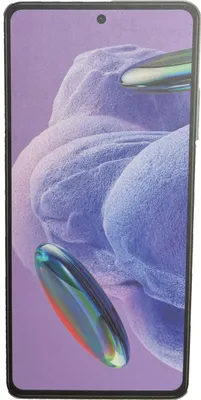 A smartphone with a purple abstract wallpaper displayed on its screen.