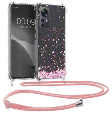 Produktbild von kwmobile Necklace Case kompatibel mit Xiaomi 12 / 12X Hülle - Silikon Cover mit Handykette - Rosa Dunkelbraun Transparent Kirschblütenblätter