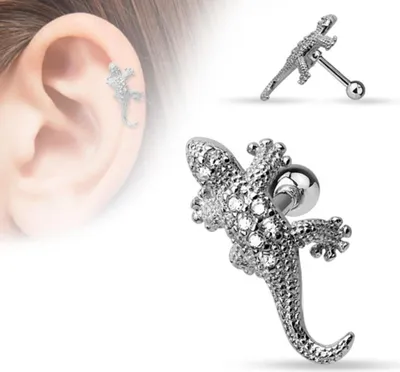 Produktbild von Tragus Helix Cartilage Ohrring „Eidechse / Gecko mit Zirkonia“