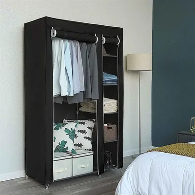 Produktbild von Zimilo Stoffkleiderschrank mit 5 Ebenen und 6 Fächer, 110 x 45 x 175 cm, Kleiderschrank mit Kleiderstange und Reißverschluss, Staubdicht, Schwarz