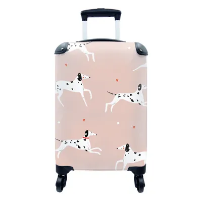 Produktbild von MuchoWow® Koffer Handgepäck Trolley Rollkoffer Kleine Reisekoffer mit 4 Rollen - Doggy Illustration mit laufenden Dalmatiner auf einem rosa Hintergrund - Cabin Size < 55x40x23 cm & 55x40x20 cm - Fotokoffer - Kabinenkoffer - Boardgepäck - Reise-Box - Reisekoffer - Reisegepäck - Koffer mit Bild - Trolley für Kinder