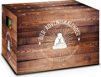 A wooden-style advent calendar box with numbers and festive graphics.