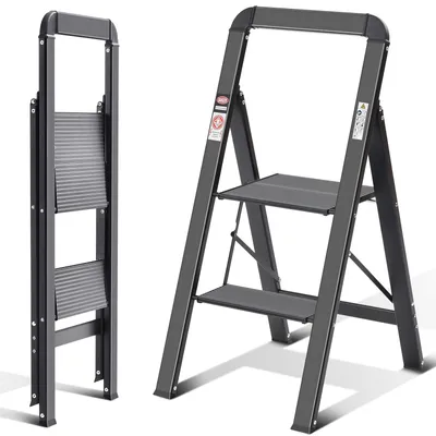 Obrázek produktu pro KINGRACK, hliníková žebřík, dvoustupňová, skládací, lehká – černá, rozměr: 2 stupně, hliník, s madlem