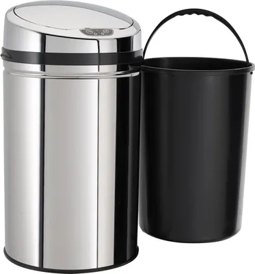 A stainless steel trash can with a black inner bin.