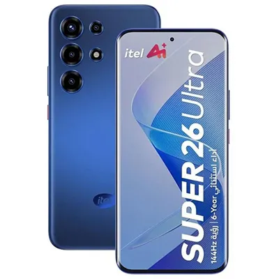 A product shot of a blue smartphone, showing both the front and back.