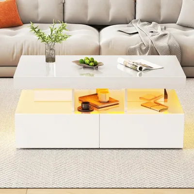 Immagine prodotto di Tavolino ProximaX in bianco lucido - Con illuminazione a LED e 2 cassetti - Moderno, elegante e pratico per i soggiorni