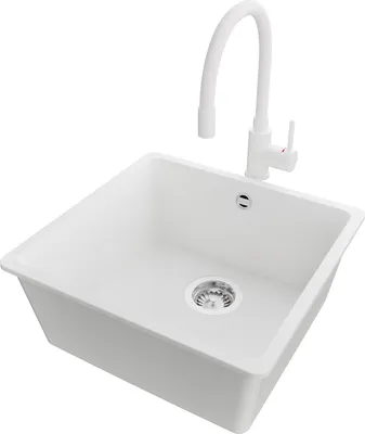 Produktbild von PRIMAGRAN Unterbauspüle Granit Weiß 46x44cm, Spülbecken 1 Becken + Küchenarmatur 38x14cm + Ablauf-Set, Granitspüle ab 50er Unterschrank - Venedig Easy