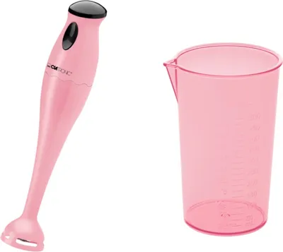 A pink immersion blender and a pink measuring cup are displayed against a white background.