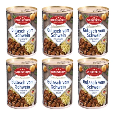 Produktbild von DREISTERN 6x Gulasch vom Schwein in herzhafter Sauce 400g Ringpulld. / Konserve