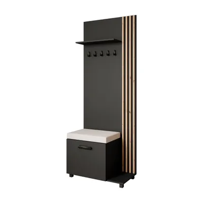 Produktbild von Garderobenschrank LIVIA Rechts Schwarz– Garderobe mit Kleiderhaken, Schuhschrank, Lamellen in Eiche, hellbeiges Sitzkissen, Hochschrank, Flurmöbel
