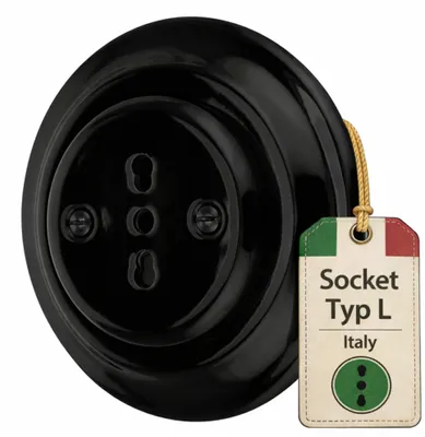 Porzellan Retro Steckdose Typ L, schwarz, Unterputz, Serie PR1