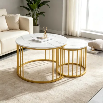 Produktbild von 2er Set Satztische,Couchtisch Rund Marmor Muster Holztische mit Metallrahmen,Stapelbarer Beistelltisch Set,Sofatisch für Wohnzimmer,Balkon(60cm+40cm)