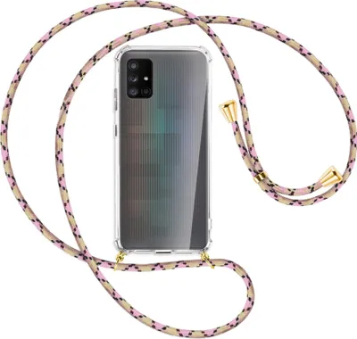 Produktbild von Handykette Backcover-Schutzhülle mit Band (Metall goldfarben) für Samsung Galaxy A71 5G - rosa Karo