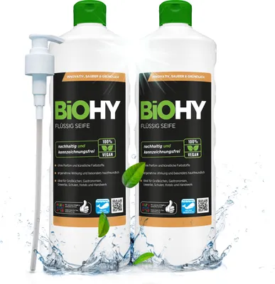 Produktbild von BiOHY Flüssig Seife (2x1l Flasche) + Pumpspender| Geruchsneutrale, hautschonend und rückfettend | PHOSPHATFREI | Ohne Parfüm und Farbstoffe