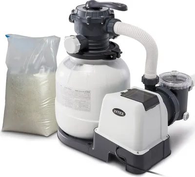 A sand filter pump system for a swimming pool, with a bag of filter media.