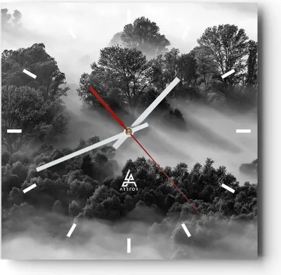 Produktbild von Wanduhr - Quadrat - Glasuhr - Schwarzweiß Bäume Nebel - 30x30cm - Schleichendes Uhrwerk - Lautlos - zum Aufhängen bereit - Dekoration Modern - Wanddekoration aus Glas - C3AC30x30-4510