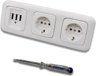 Produktbild von Busch Jäger Set: Unterputz Telefondose von EBROM, TAE 3x6 NFN für 1 Telefon und 2 Zusatzgeräte in ReflexSi alpinweiß, Rahmen und 2 x Steckdose 20EUC-214 inkl. EBROM Phasenprüfer zur Montage d. Geräte