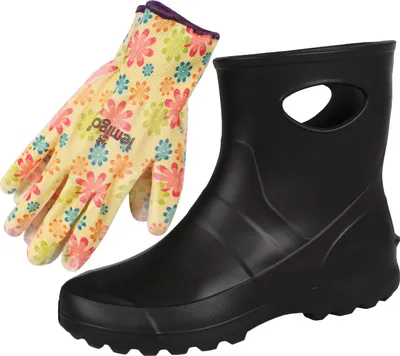 Produktbild von Schwarze Gartenstiefel aus Schaumstoff für Damen + Gartenhandschuhe im Set 36 EU / 3.5 UK