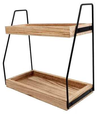 Produktbild von Kosmetik- und Gewürzregal aus Holz und Eisen, zweistöckiges Küchen- und Badezimmerregal, platzsparender Organizer für Make-up und Toilettenartikel