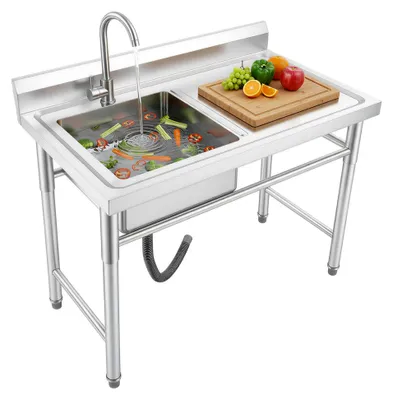 Produktbild von Freistehender Spültisch aus Edelstahl mit 1 Becken und 360° Wasserhahn, inklusive Unterschrank, für Küche und Restaurant, 100x60x93cm