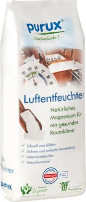 A white bag of Purux dehumidifier granules with product information and branding.
