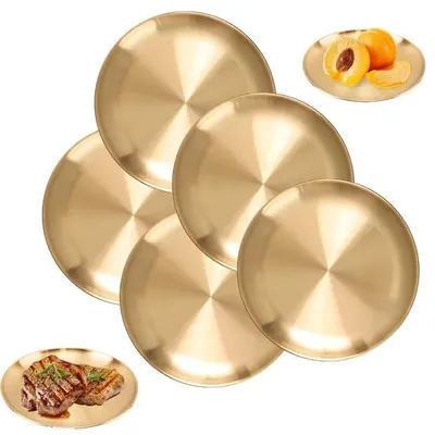 5 Edelstahlteller 20 cm goldfarben rund Campingteller