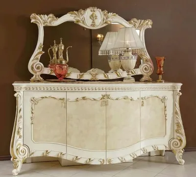 Obrázok produktu pre Casa Padrino luxusný barokový set nábytku béžová / biela / zlatá - 1 barokový príborník so 4 dvierkami a 1 barokové nástenné zrkadlo - Ručne vyrábaný barokový nábytok - Noble & Magnificent