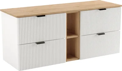Zdjęcie produktu dla WENA Szafka pod umywalkę 140 cm, ryflowane fronty, metalowe uchwyty w kolorze złotym (kolor: biały/orzech regał i blat)