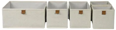 Produktbild von Hausleben 5er Set Aufbewahrungsboxen Stoff – Faltbare Ordnungsboxen mit Griff – 30x30x15, 30x15x15, 15x15x15 cm – Leinenoptik Creme/Nature – Karton verstärkt – Faltboxen für Schrank, Regal & Kommode