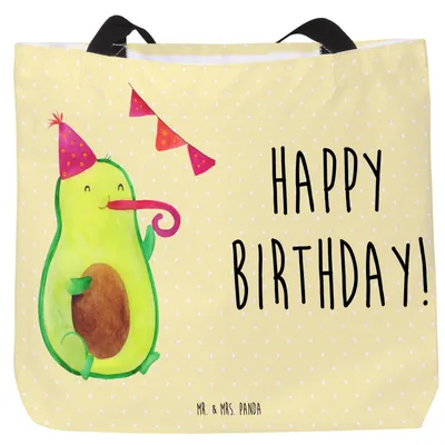 Produktbild von Mr. & Mrs. Panda Tote Bag Avocado Geburtstag - Gelb Pastell - Geschenk, Laptoptasche, Tasche, Frucht, Happy Birthday, Schultasche, Party, Reisetasche, Beutel, Alles Gute