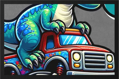 Produktbild von Kinder 5. Geburtstag Fußmatte Dino Dinosaurier Auto 5 Jahre Junge Monstertruck