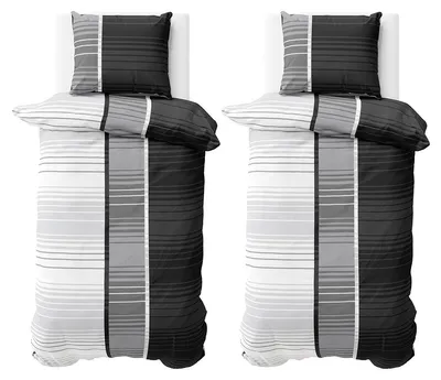 Produktbild von Bettwäsche 135x200 cm Mikrofaser Bettbezug Anthrazit Grau Weiß Gestreift Garnitur Bezug 4 teilig