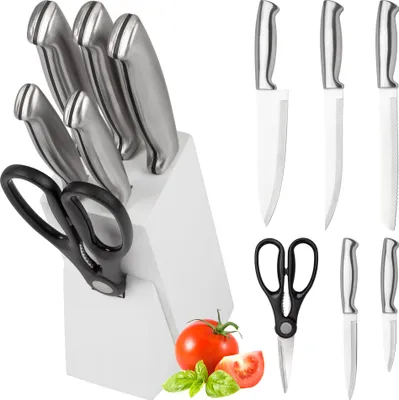 Produktbild von classbach® Messerblock mit Messer - 7 tlg. Messer Set inkl. Küchenschere, Küchenmesser Set mit Klingen aus rostfreiem Stahl, Set aus 5x scharfe Messer + Schere für Küche, C-MBS 4018, weiß