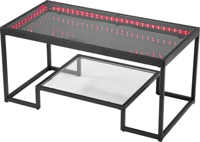 Immagine prodotto di SucceBuy Tavolino moderno in vetro temperato con illuminazione, tavolo rettangolare con due livelli e spazio di archiviazione aperto, tavolino in metallo per soggiorno o ufficio, 100 x 51 x 48 cm, nero
