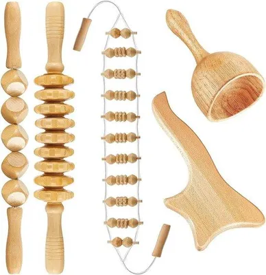 Immagine prodotto di Set di accessori per massaggi con 5 rulli in legno, massaggiatore da pavimento, rullo per la fascia, legno, coppa Gua Sha, strumenti anticellulite - Riduzione dello stress, relax
