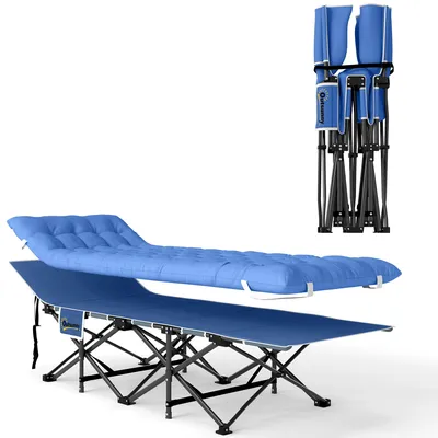 Produktbild von Feldbett faltbar Campingbett mit Matratze Kopfkissen Seitentasche 185 x 68 x 37 cm bis 150 kg Dunkelblau