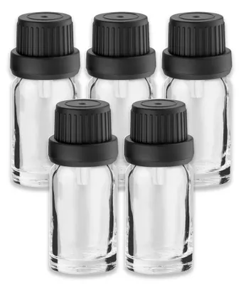 Produktbild von 5x Klarglasflasche 10 ml mit schwarzem Tropfer Tropfeinsatz Tropfen